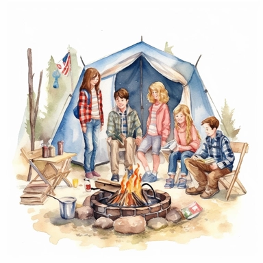 A vintage-inspired camping trip with a cozy campsite, a crackling campfire, and friends gathered around roasting marshmallows, clipart, watercolor, white background, american style