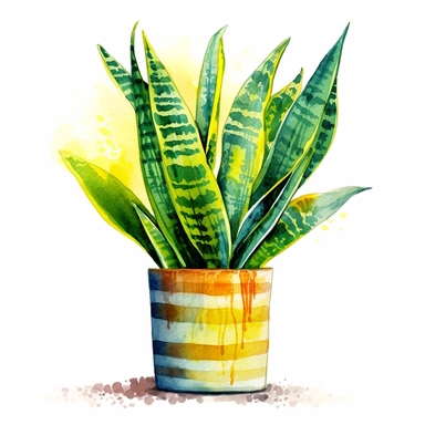 A vibrant watercolor clipart image capturing the allure of a Snake Plant. The artwork portrays the striking leaves of the Snake Plant, with their vertical growth and unique patterns. The watercolor technique adds depth and dimension to the illustration, showcasing the varying shades of green and yellow. The artist's brushstrokes create a sense of movement and energy, as if the plant is alive and thriving. This captivating clipart is perfect for designs that aim to evoke a sense of vitality and n