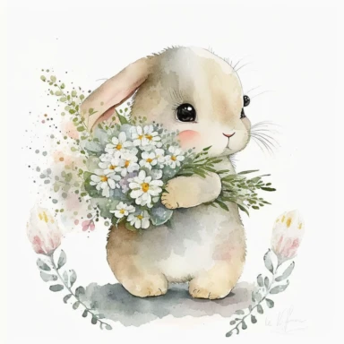 cute, little white bunny carrying flowers clipart, watercolor, white background, Nursery Art