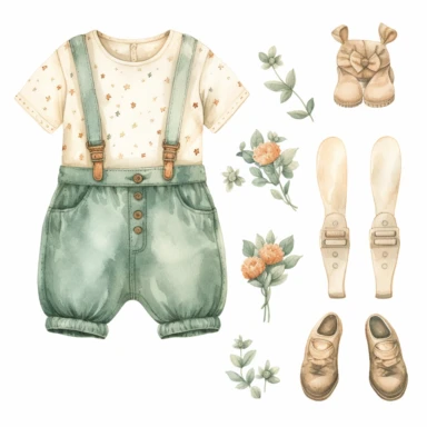 clipart, vintage, watercolor, clothing outfit for newborn baby boy and girl, hand drawn