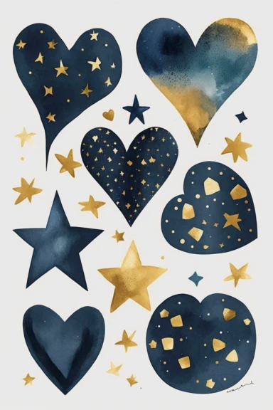 collection of clipart, stars theme, six big stars, small hearts, modern watercolor. by mary blair. white background, navy blue, golden,