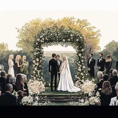 a couple getting married in a garden surrounded by their family and friends, woman is wearing a white gown and man in a black tuxedo, lots of white flowers, clipart watercolor style, highly detailed watercolor, iw 10