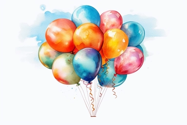 Watercolor, Create a vibrant balloon bouquet against a clear blue sky. clipart, hd, on a white background, spaced out