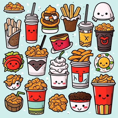 vector black and white, Cute kawaii fast food pairs clip art set, valentines food clip art, food pair, food couple, food duos, drinks clipart, love hearts background party clip art, food PNG, line art