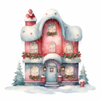 A watercolor painting of cute christmas house, christmas elf house, christmas house, cute detailed digital art, inspired by nicoletta ceccoli, by Kubisi art, whimsical and cute, by nicoletta ceccoli, cute detailed artwork, glimmering, adorable and whimsical, whimsical art, Clipart style, png style, svg style, blank white background, a solid white background