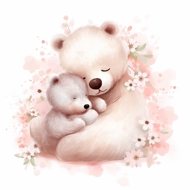 clipart of fluffy baby teddy bear sleeping in her mother's arms, cute, soft and mellow colors, cherry blossome environment, octan renderer, dept of field white background, cutout
