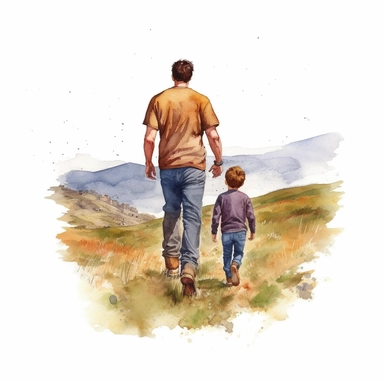 watercolour fathers day card of a dad walking with his young son viewed from behind Clipart ,Cartoon,hyper realistic, intricate detail, illustration style,high resolution isolated on a white background