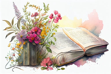 an old bible damaged by time and a bouquet of wildflowers laying next tothe bible, watercolor pastel color clipart, soft light, white background