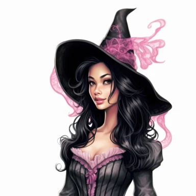 beautiful asian victorian witch with black hair wearing a pointed witch hat, looking left, victorian hairstyle, victorian witch hat, Victorian era clothing, beatiful smile, realistic inverted portrait white background, high quality, hyper-realistic, witch Clipart,pink dress