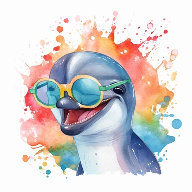 please create watercolor clipart of a dolphin, smiling, wearing party prop glasses and blowing party popper, colorful