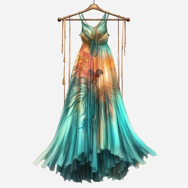 panoramic view, full view, beautiful flowing tropical party dress in vibrant colors on ornate hanger, shabby chic, elegant, ethereal, romantic, fantasy, high detail, shabby chic, sharp focus, 8k, illustration sketch, clipart style, transparent background