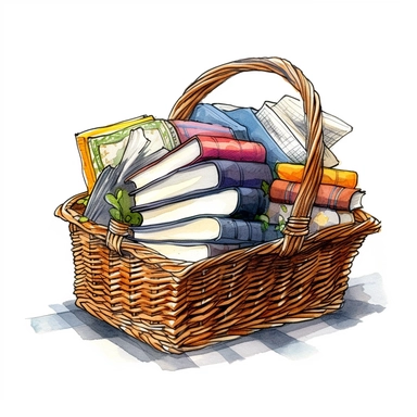 books neatly piled in a picknick basket in cottagecore style. clipart. white background