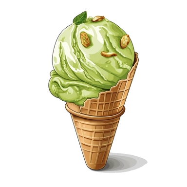 pistachio ice cream in a cone, Clipart, vector art, white background