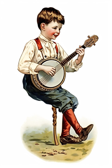 Vintage 1920 Full Body View of a Victorian Small Child Playing Banjo Illustration, Chromolithograph, 1920s Illustration, Vintage, Chromolithograph, Colorful, Antique, Ephemera, Clipart, 8k, Isolated on white