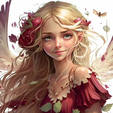 lilly stone, beautiful smiling fairy with large wings, 10 year old girl with long blonde wavy hair, burgundy dress, big eyes, BENTE SCHLICK style illistration, sparklecore, flowers, hyper detailed, white background, mid shot, clipart