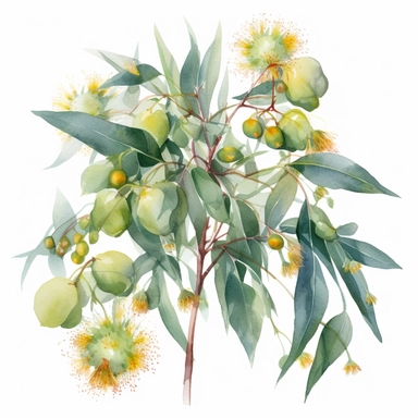 a high-quality watercolor clipart representation of eucalyptus greenery with branche, very big pale yellow gum blossoms, perfect for nature-themed design