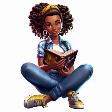 3D toy of a young happy black African girl wearing a Ankara print school uniform outfit sitting down reading a book in the style of boondocks in the style of marvel comics cartoon with white background can't believe how beautiful this is clipart, graphic vector, isolated on white background