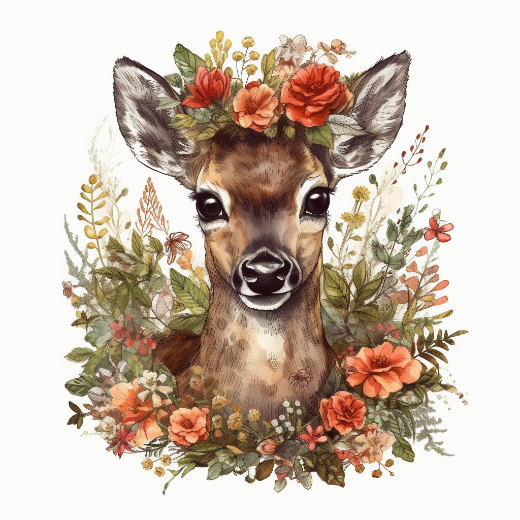 adorable baby deer, full body With Flower Wreaths vibrant colors, red ...