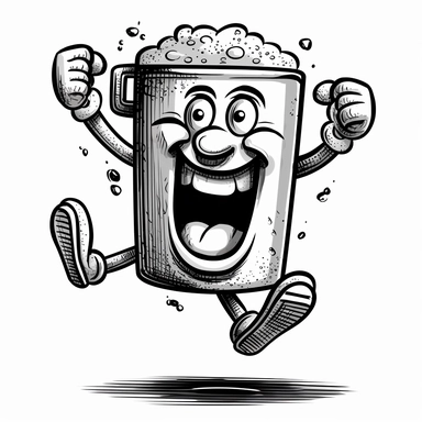 1950s advert style cartoon beer mug with a handle, arms abd legs, happy, black and white clipart