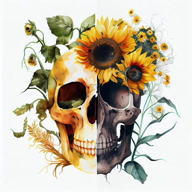 Skull with sunflower ( Skull: divided into 2 parts along the vertical axis, half is sunflower, half is skull), Watercolor Clipart, details