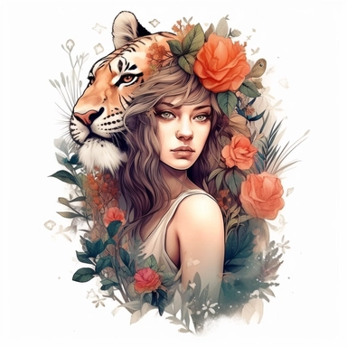 Girl with tiger and flowers, illustration clipart, detailed, black outline, white background, digital art, watercolor