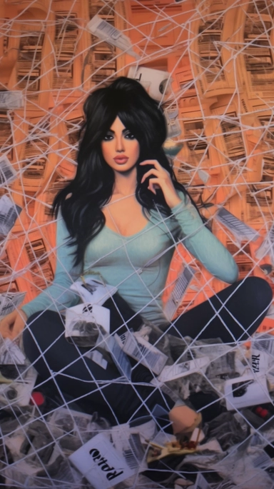 A picture of SSSniperWolf sitting in front of a computer, surrounded by newspaper clippings and tangled webs of string, representing her web of deception.