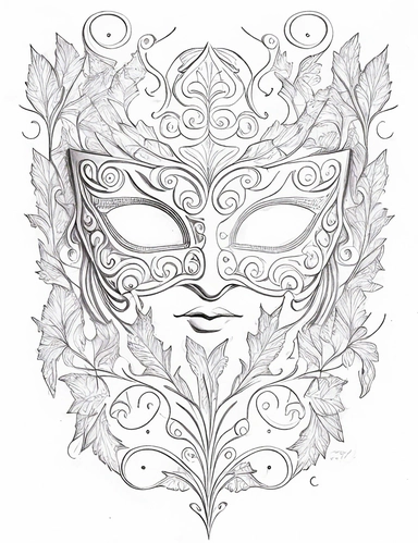 white coloring page of a white masquerade mask with intricate cut-outs, delicate linework, simplified line work, free brushwork, 15th century vintage masquerade for adults black and white drawings, in the style of tanya shatseva, in the style of fantasy illustrations, in the style of fantasy illustrations, in the style of art nouveau-inspired illustrations, in the style of intricate pen drawings, in the style of intricate linework, in the style of detailed linework, kinuko y. craft, luca della r