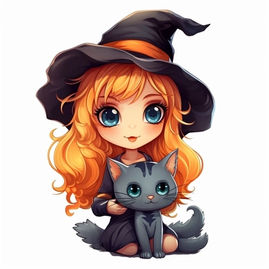 Little cute cartoon witch with a cat as clipart on a white background
