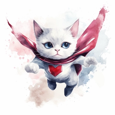 Clipart, watercolor, white background: A courageous superhero kitten soaring through the sky, with a determined expression and a symbol on its chest.