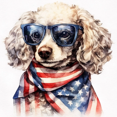 Toy Poodle Dog, wears American flag scarf and sunglasses, closeups shot, low angle, watercolor style, hyper-realistic animal illustrations, 2d game art, quadratura, clipart, on white background,