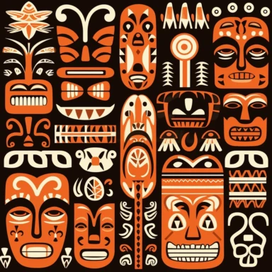 Create a series of captivating Tiki pattern clipart illustrations featuring dynamic and stylized designs. Draw inspiration from the iconic Tiki culture and its representation in mid-century modern aesthetics. Use bold lines and geometric shapes to create visually striking patterns that can be used for a variety of applications. Incorporate a warm and earthy color palette, including shades of brown, gold, and fiery reds, to convey the spirit of tropical paradise. These versatile clipart images ar