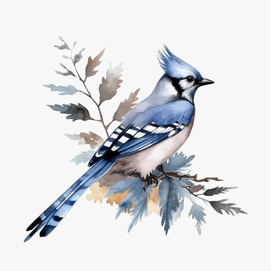 Minimalistic foliage clipart, blue jay,single design, watercolor, vector