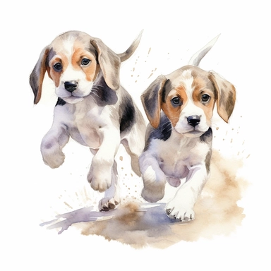 close up high detailed, Hand drawn watercolor clipart of Beagle Puppies playing, on a pure white background for background removal.