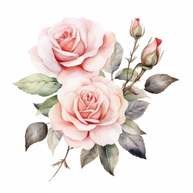Watercolor drawing vintage blush roses flower, watercolor floral clipart, white background, isolated on white, 8k, watercolor style
