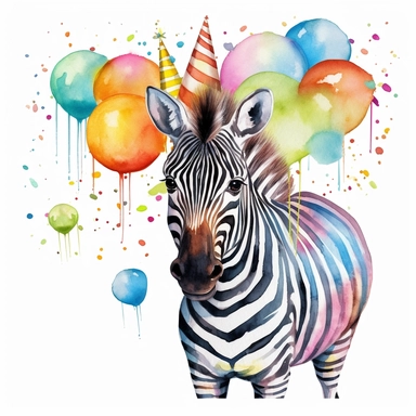 Clipart, watercolor, white background: A birthday zebra with rainbow-colored stripes, adding a touch of vibrancy and excitement to the celebration.