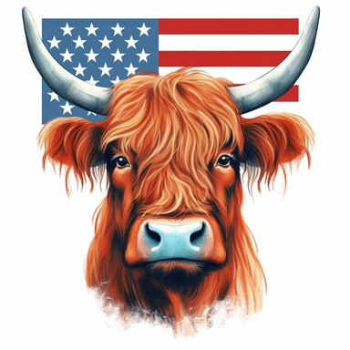 Highland cow face with 4th of july American flag Sublimation Clipart, Cartoon, high detail, illustration style,on white background
