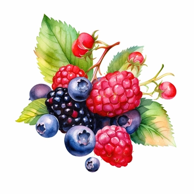 watercolor colorful clipart of a fresh bunch of summer berries, hd, on white background