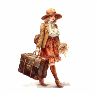 A vintage young lady carrying a Leather brown retro bag, floral, james christensen style, illustration Watercolor hand painted vintage suitcase design. Travel concept clipart, white background with margins, white background for removing background - - no text shadow font watermark