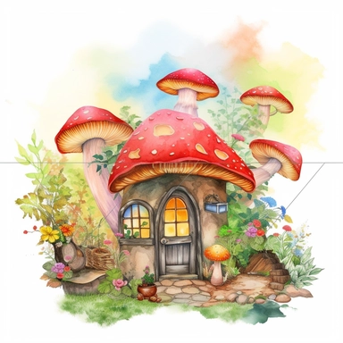 beautiful clipart of a mystical watercolor mushroom cottage, foliage surrounding the entrance of the cottage with a wooden door, chimney with mystical smoke coming out, emitting a mythical aura, random colors, spring time features, flat white background, maximum contrast, high quality, UHD, 8K, Vector art,