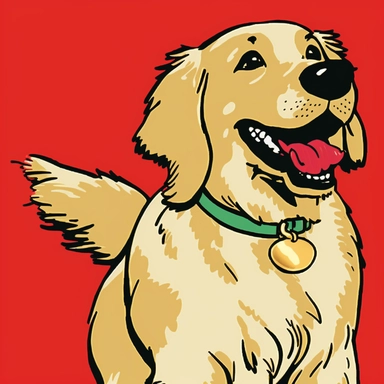 The image shows a cartoon dog, smiling and wagging its tail. The dog is a happy, playful golden retriever, with a shiny black nose and big, floppy ears. It is wearing a red collar with a shiny name tag, and its fur is a vibrant golden color. The background is a simple white, allowing the dog to be the focus of the image. This playful and charming clipart is perfect for use in greeting cards, posters, or any other project that needs a touch of canine cuteness.