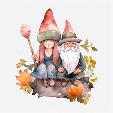 watercolor, spring Gnome Couple and Halloween Decor png Full body realistic cartoon in 32K UHD cute. 15 cm thick outline. Black color. There was no shadow on the ground. 8k with realistic watercolors and detailed illustrations. PNG clipart, transparent white background