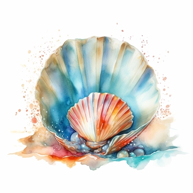 watercolor open clam with a large Pearl inside, sitting in these sand, shades of coral turquoise yellow and blue, glamorous, very detailed and realistic, white background with margins, clipart style