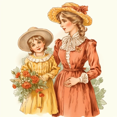 mother's day clipart, mom and daughter, vintage clothes