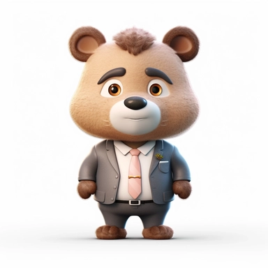 Front view of a bear wearing a suit Animated Standing Wearing T-shirt Character Design, Full Body, Highest Quality Face Drawing, High Quality Face Drawing, Clipart, Full Illustration, 4k, Sharp Focus, Soft Skin, Symmetrical, Details. Detailed face, concep