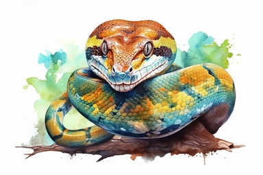 Watercolor, Amazon Tree Boa Reptile, clipart, hd, on a white background, spaced out