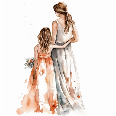 Mom and daughter wedding guests, from the back, clipart, watercolor, white background