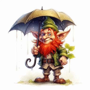 Cute Adorable magical little Goblin with a cylinder hat and a red beard holds laterally a umbrella in his hand wears a raincape and stand in the rain on a country road, clipart, photorealistic illustration, watercolor, high detail, 8k polished, 8k, vibrant colors, white background