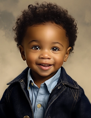 Hasselblad 24 mm three quarters shot of a gorgeous african american baby boy very well dressed with Blue Eyes, clipart, Composition: Relaxed position with intricate high hairstyle, smiling, Style: Pirate, white background, hyperrealism, 32k