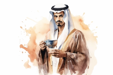watercolor illustration of Saudi young man drinking coffee clipart white background, HDR, 8k