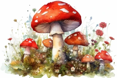 watercolor red toadstool mushroom clipart, surrounded by ladybirds and red and whtie flowers, fairy fantasy, on watercolor stain, hd, isolated on white background, spaced out